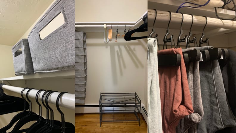 On left, gray storage bins on top shelf of closet. In middle, empty closet with storage options inside. On right, pants hung on wooden hangers.