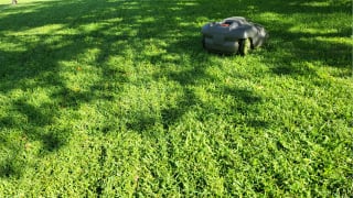 Husqvarna 450XH EPOS robot lawn mower on top of grassy lawn on sunny day.