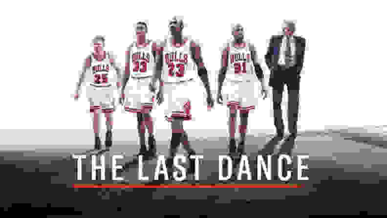 Basketball stars and a coach as seen in "The Last Dance," one of the best celebrity documentaries to stream now.