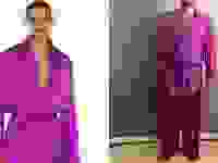 一个穿着紫色Savage X Fenty睡衣的男人穿着吸烟者的夹克和裤子。