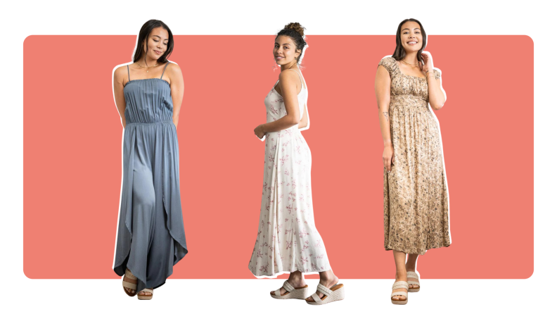 A diaphanous blue jumpsuit and two floral dresses.