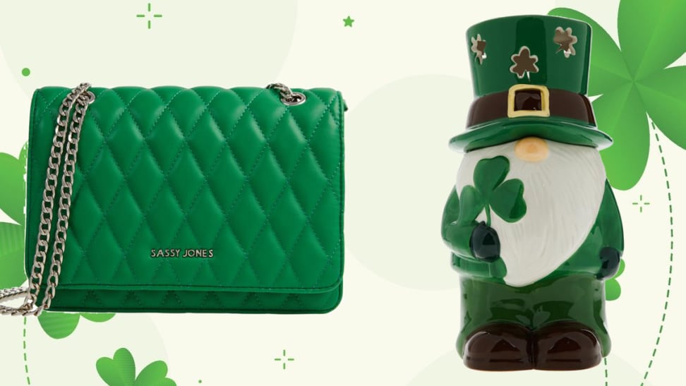 A green purse and a St. Patrick's Day gnome in front of a four-leaf clover background.