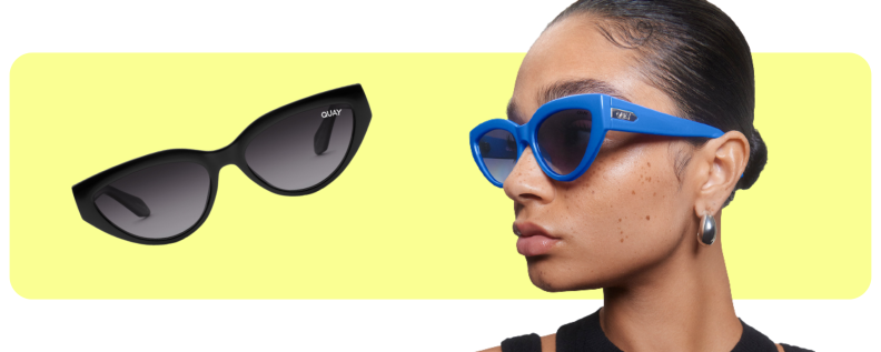 Collage of a model wearing blue sunglasses, and a black pair in the same model.