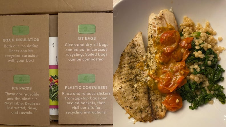 On left, Green Chef box outlining its recycling protocols. On right, A dish with tilapia, couscous, veggies, and tomato sauce.