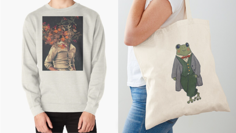 Two images of examples of Redbubble merchandise. The first is an off-white crew neck sweatshirt with a design of a painted man on a black background; the man is covered in flowers. The second is a tote bag with a design of a frog in a waistcoat.
