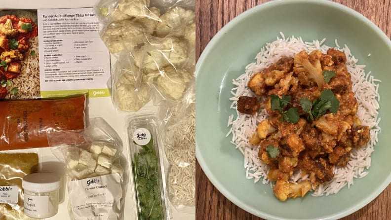 Left: Packaged and pre-prepped ingredients arranged on a cutting board. Right: A light green ceramic bowl with rice as a base for super savory paneer tikka masala.