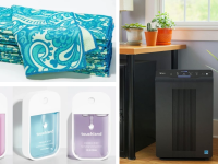 一堆超细纤维衣服，上面是Touchland洗手液的图片，旁边是Winix空气净化器的图片