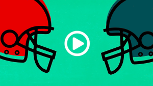An image of two football helmets facing toward a digital "play" icon.