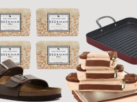 An image of several products included in the gift guide including soap, Birkenstock sandals, packing cubes, and a grill pan.