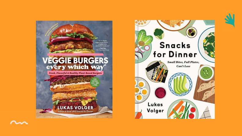 Two Loukas Volger cookbook covers on bright orange background