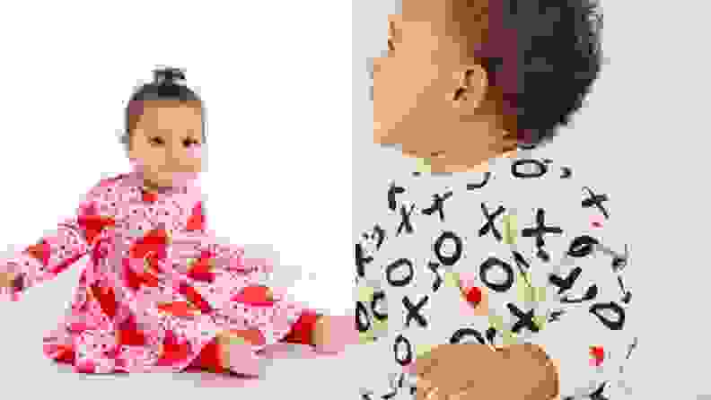 On left, child wearing pink and red Valentine's day dress. On right, child wearing black and cream set.