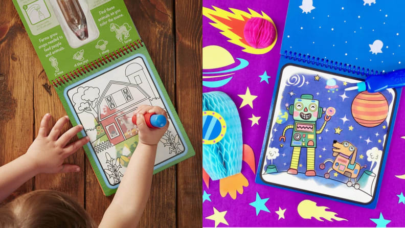 On left, child using watercolor markers to draw in notepad. On right, colorful space-themed children's notepad.