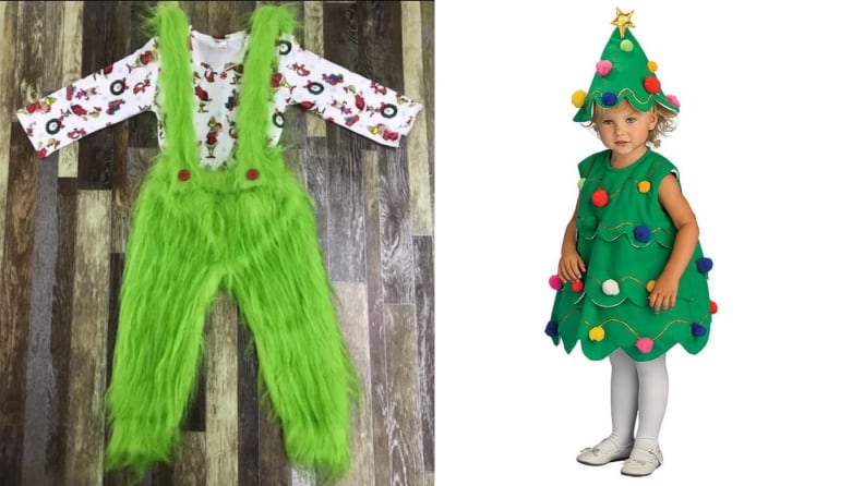 On left, Grinch inspired Halloween costume. On right, small child dressed as Christmas tree.