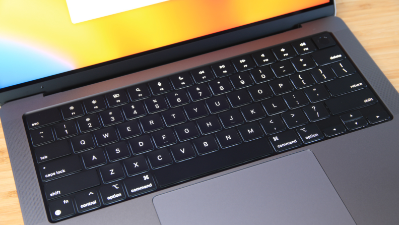 An up-close look at the Apple MacBook Pro 14 (2023) keyboard.