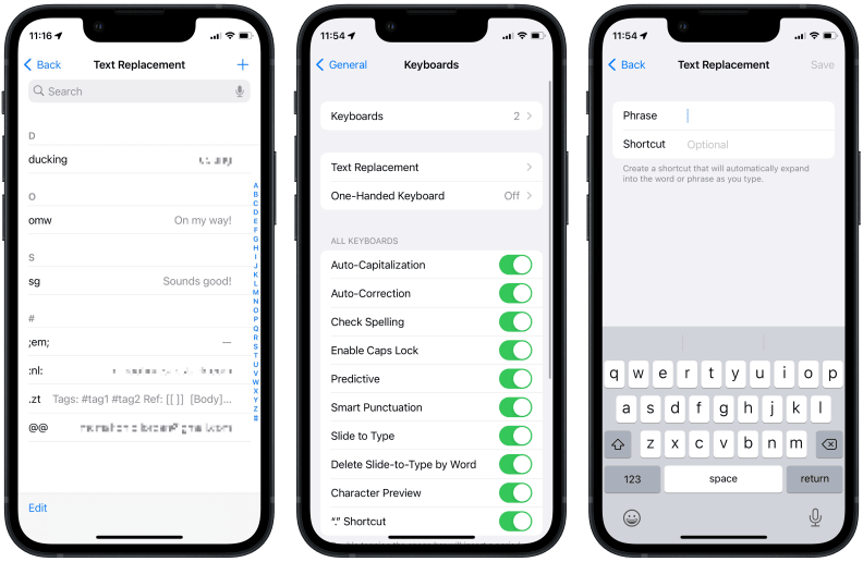 Three iPhone screenshots next to each other, showing the various Text Replacement screens on iOS. First is a dashboard of all created shortcuts, followed by iOS's keyboard settings page, and finally the screen to create a new shortcut.