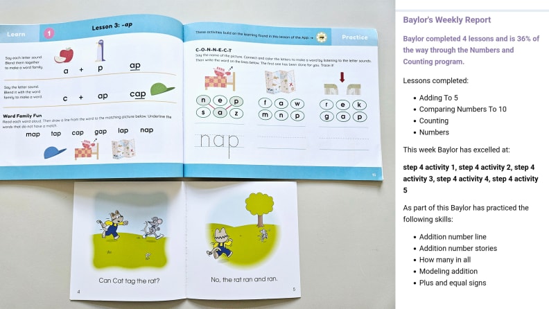 Physical books with children illustrations and exercises next to a weekly report.
