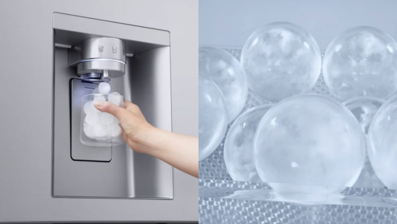 A person getting ice out of a refrigerator's ice dispenser