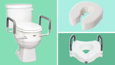 three images of toilet risers on colorful backgrounds
