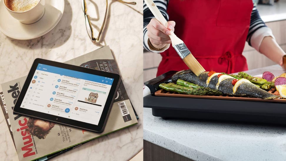 left: amazon tablet on top of magazine on bedside table, right: woman basting skewers on indoor grill