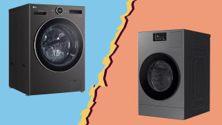 LG WashCombo and Samsung Bespoke Ventless washer-dryer combos on a colorful background with a torn-paper effect between them.