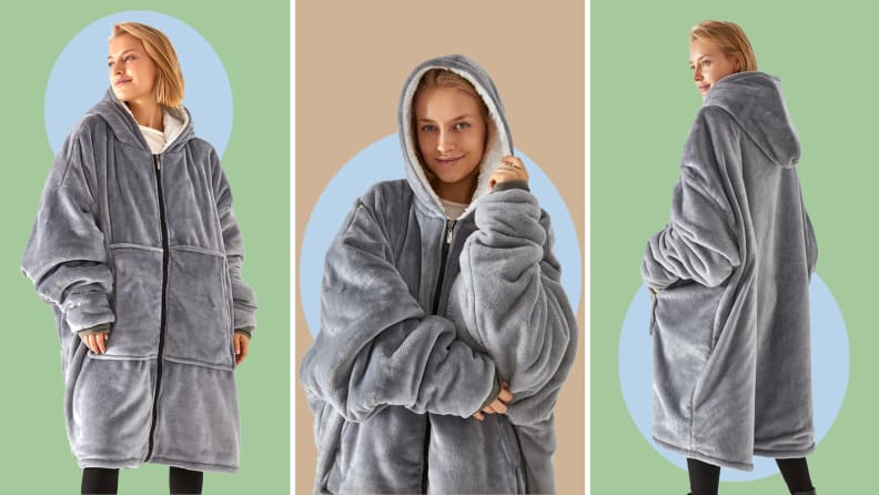 Model poses and shows the front, back and side of a gray, full-length weighted hoodie.