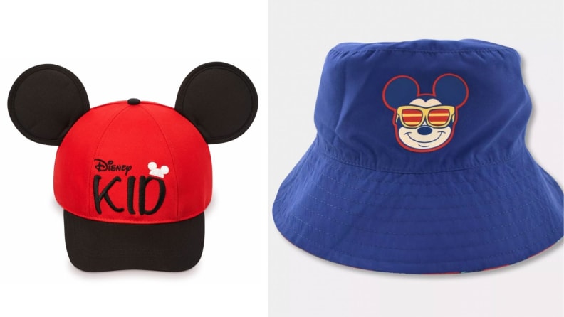 Two hats to protect from the sun: One red with mouse ears and one blue with a picture of Mickey Mouse.