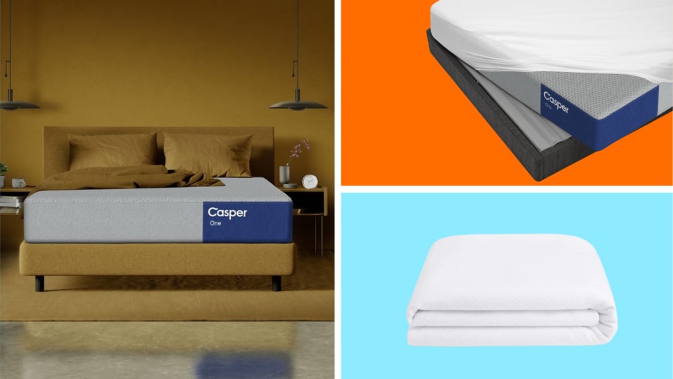 A Casper mattress in a bedroom next to a Casper mattress on top of a base above a mattress protector.