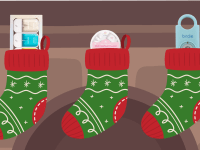 Three gifts stuck in three stockings hanging on a mantel