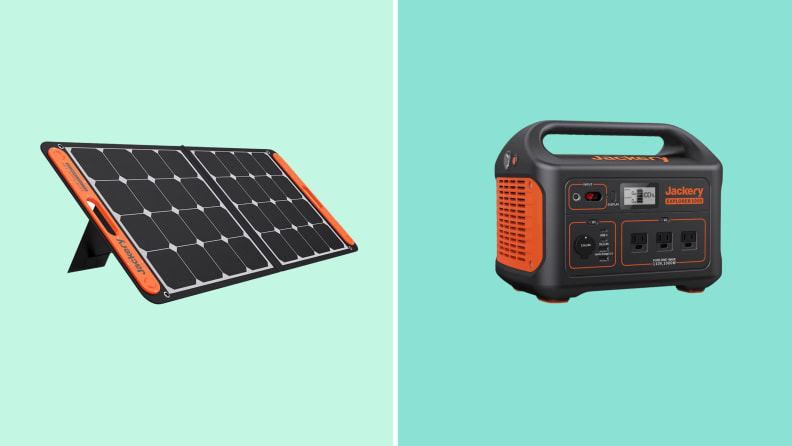 A side-by-side image of the Jackery SolarSaga 100W Portable Solar Panel and the Jackery Explorer 1000 Portable Power Station.