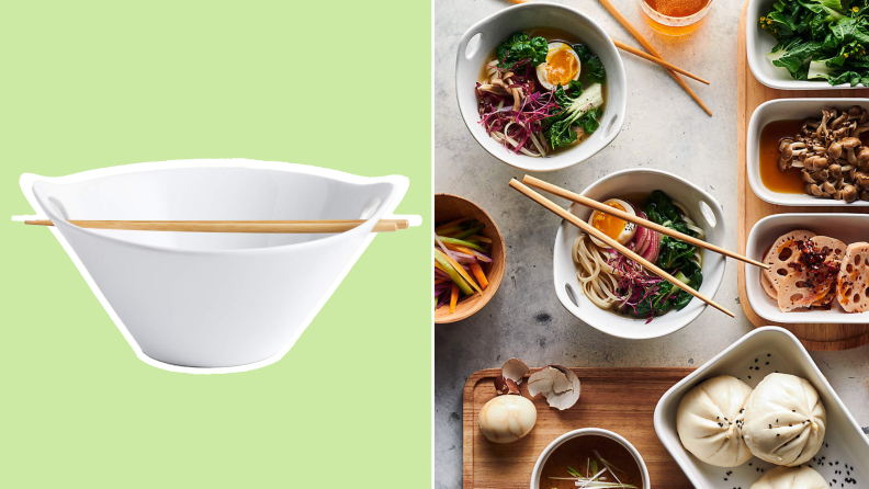 On left, cone-shaped white ramen bowl with chopsticks on top. On right, table with assorted cuisines.