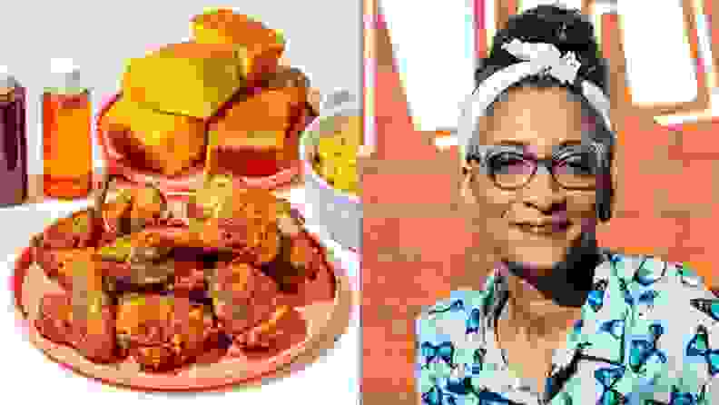 Left: A plate of Nashville hot chicken accompanied by a plate of cornbread, a bowl of mac n’ cheese, and hot honey. Right: A headshot of chef Carla Hall.