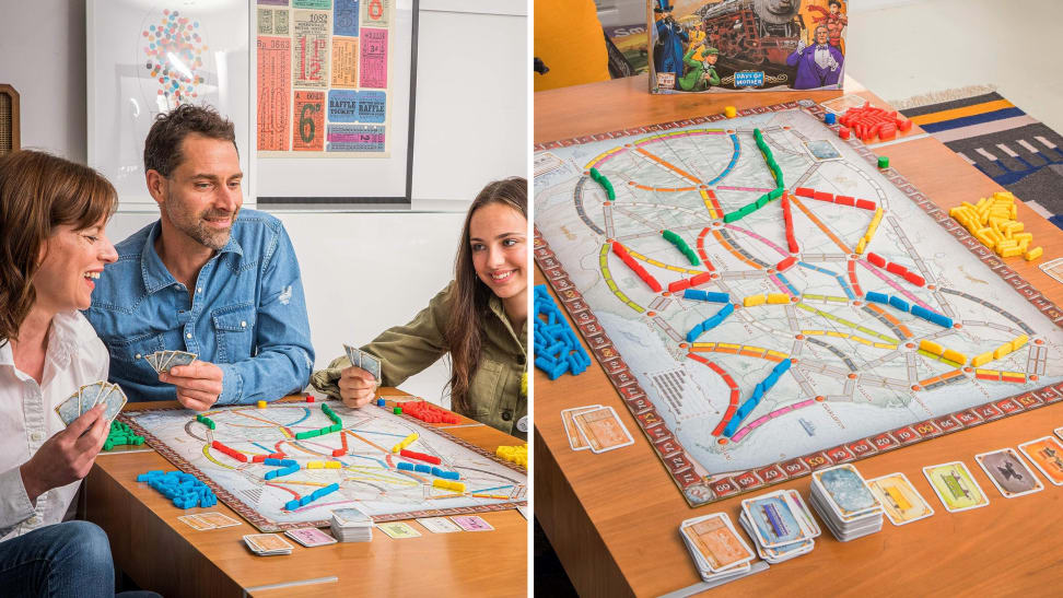 A collage of a family playing the Ticket to Ride board game next to the actual board.