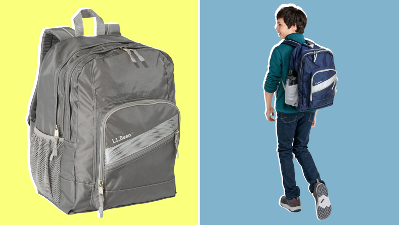 On left, product shot of the gray L.L. Bean Deluxe backpack. On right, child walking away while wearing the L.L. Bean Deluxe backpack in navy.