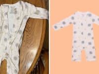 On left, children's onesie laying on wooden table. On right, product shot of the Magnetic Me printed coverall.