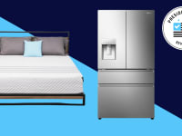 A bed with mattress and a refrigerator on a two-tone blue background