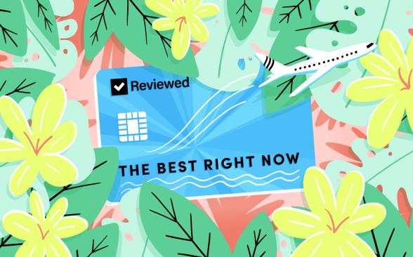 一张有插图的信用卡，上面写着“评论现在最好”，被热带鲜花和一架飞机环绕着