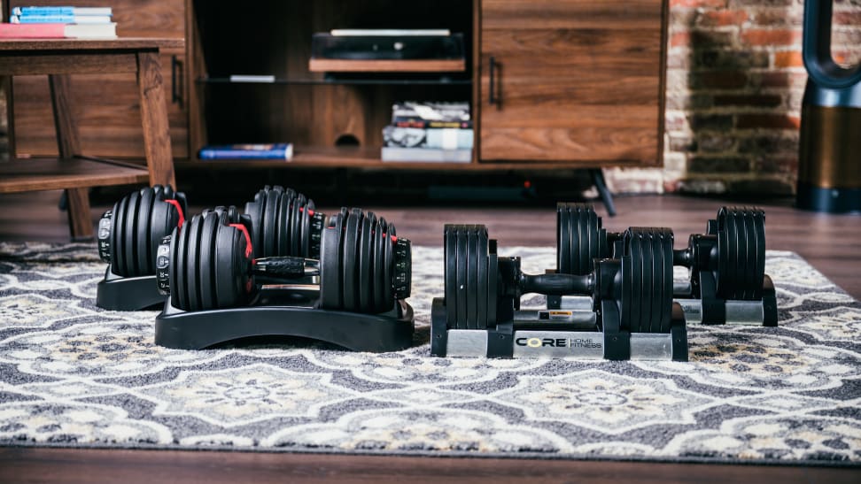 The Bowflex adjustable dumbbells and the Core Home Fitness dumbbells side by side.