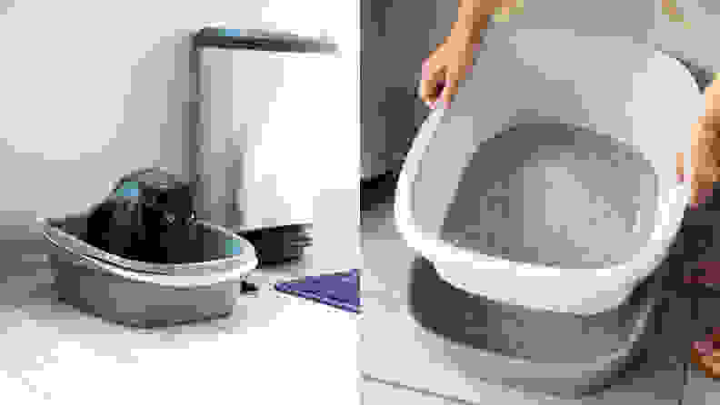 Left: A black cat sits in an Arm & Hammer litter box next to a stainless steel trash can; Right: A pet owner lifts a top tray as cat litter sifts to the base