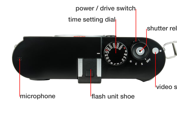 The top of the Leica M is where you'll find that hot shoe, shutter speed dial, shutter button, and power/drive switch. The small gray button activates video recording.