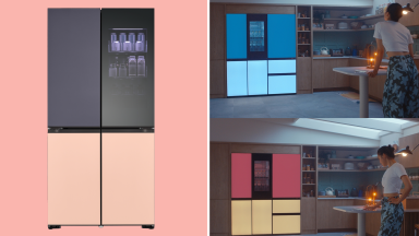 On left, product shot of the MoodUP refrigerator. On right, lifestyle shot of person standing in kitchen while admiring the different LED features on the MoodUP refrigerator.
