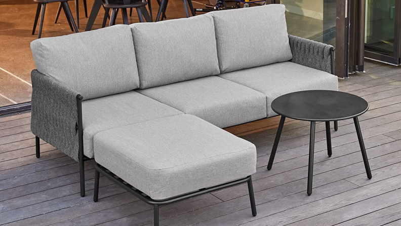 Product image of the East Oak Sofa Set with Ottoman and Coffee Table.