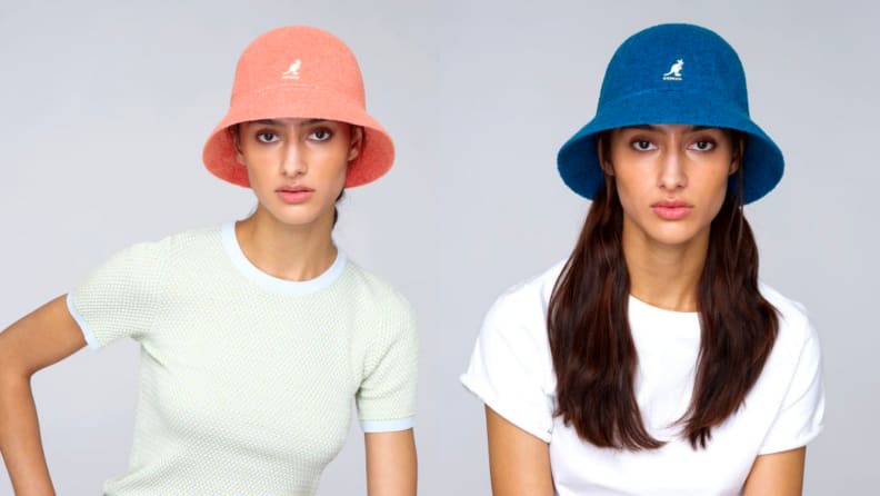 Woman wearing bucket hat in pink and blue