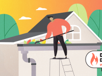 Illustration with a person cleaning leaves out of a house gutter