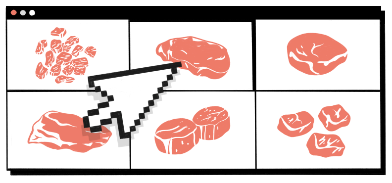 An illustration of a computer mouse clicking on a steak, symbolizing purchasing meat online.