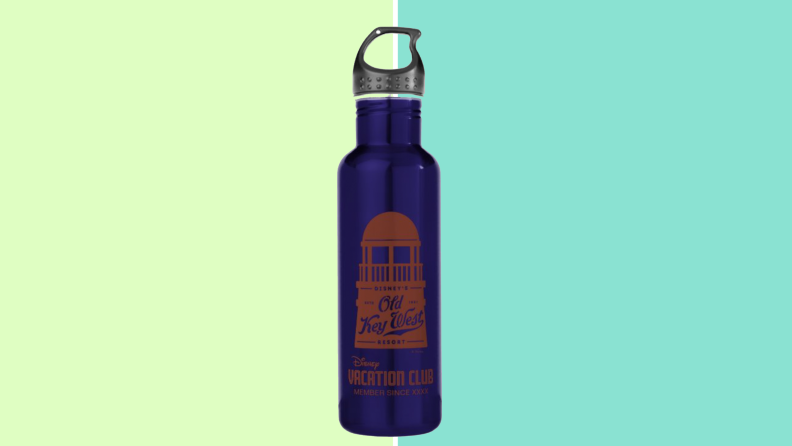 A blue water bottle on a green background