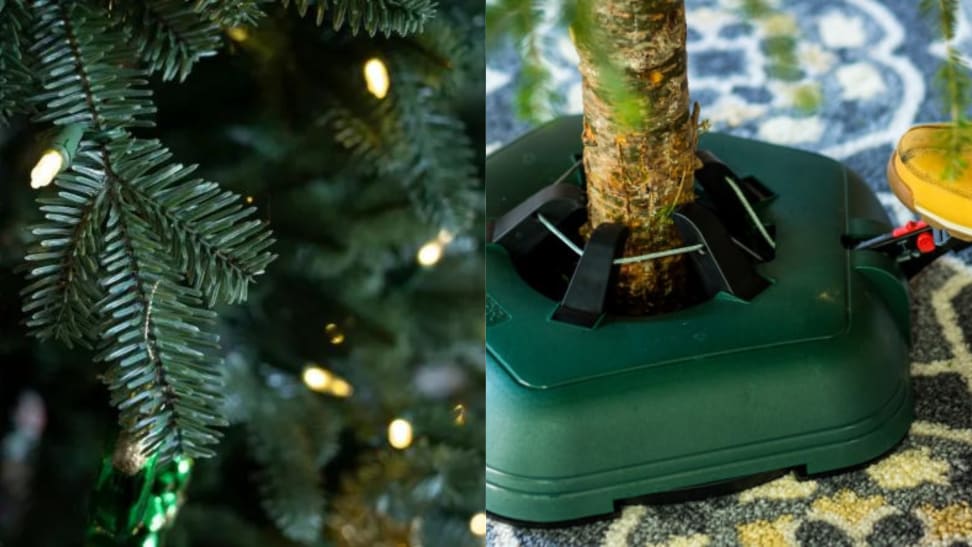On the left, artificial pine tree needles. On the right, a real Christmas tree in a stand.