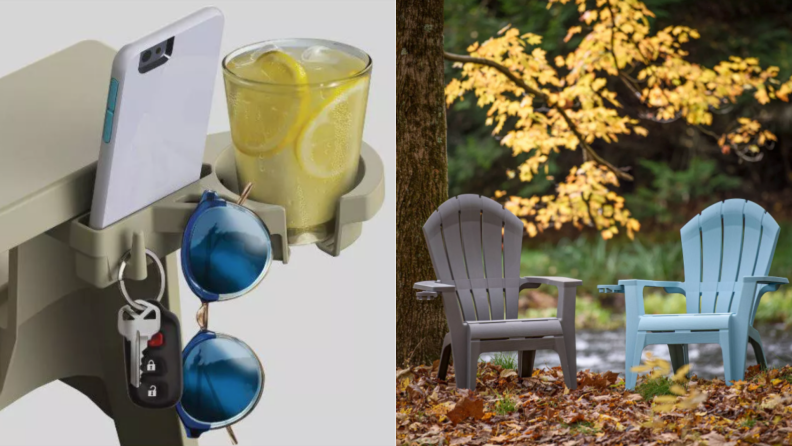 a close-up of an Adirondack chair cup holder, next to two Adirondack chairs in a fall setting