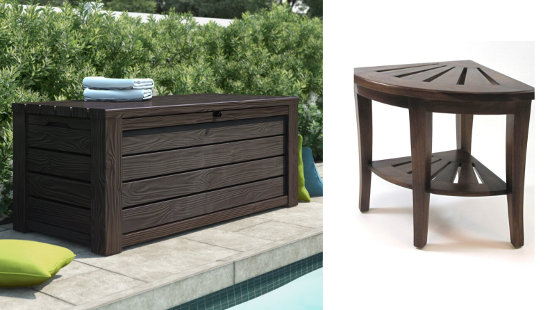 On the left, a weatherproof, dark wood deck box. On the right, a dark wood shower stool made from teak.