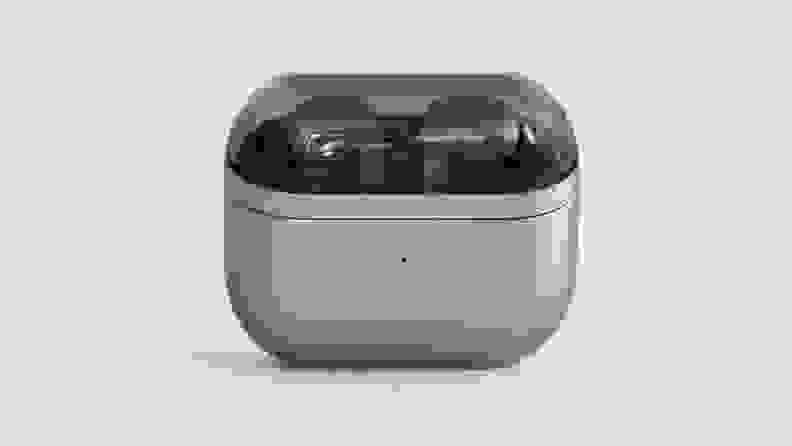The Samsung Galaxy Buds3 Pro earbuds inside of its charging case with the lid closed.