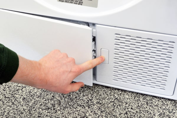 The small white button under the Blomberg DHP24412W's door pops open a "hidden" compartment that houses the secondary lint trap.